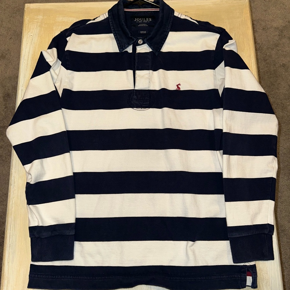 Joules Blue and White Stripe Long Sleeve Polo Shirt